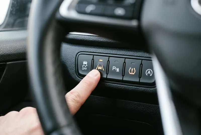 Finger drückt am Armaturenbrett links neben dem Lenkrad die Taste mit dem Spurhalte-Symbol, daneben weitere Tasten für Assistenzsysteme