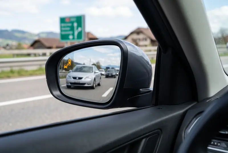 Linker Aussenspiegel auf der Autobahn: Im Spiegelglas leuchtet die orange Totwinkel-Warnung, schräg hinten fährt ein Auto auf der Nebenspur