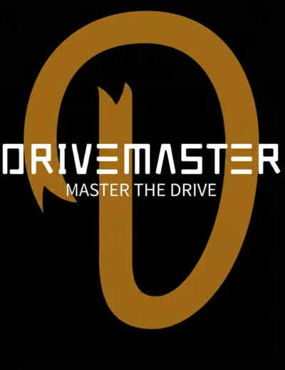 Drivemaster Fahrschule Bern Logo - Goldenes D mit Pfeil-Element und Schriftzug DRIVEMASTER MASTER THE DRIVE